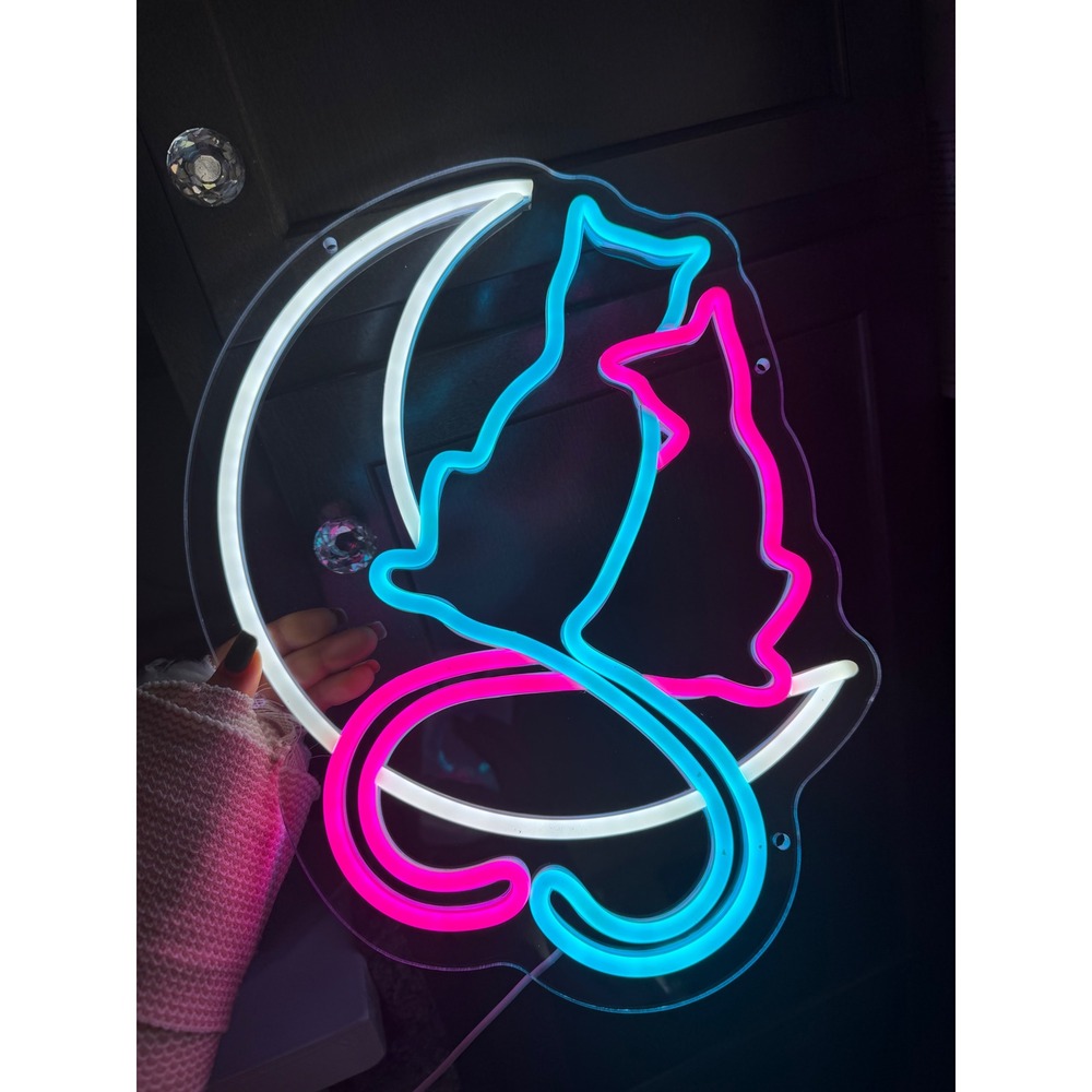 Handmade LED Neon Sign Two Cats on Crescent Moon Blue Pink White Decor Light